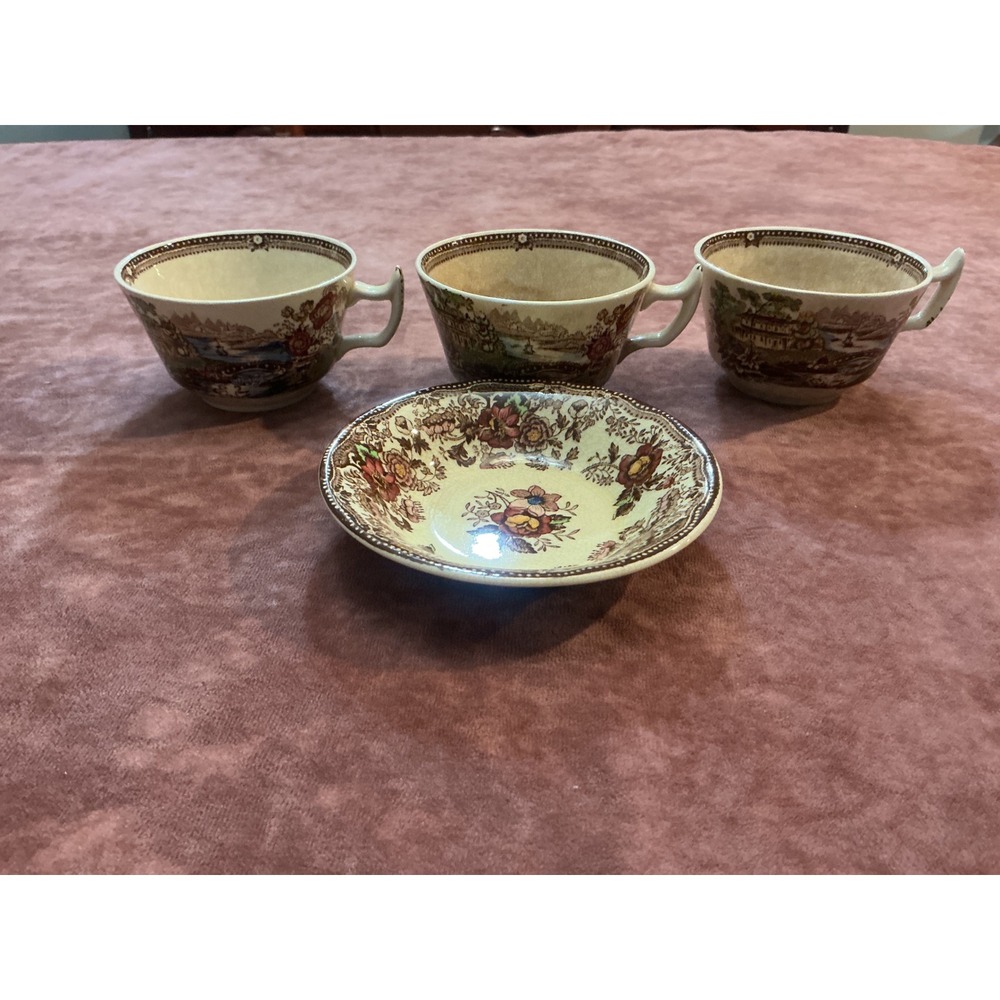 Vintage Brown Transferware Tea Cups and Saucer Set Pastoral Landscape 4 Piece